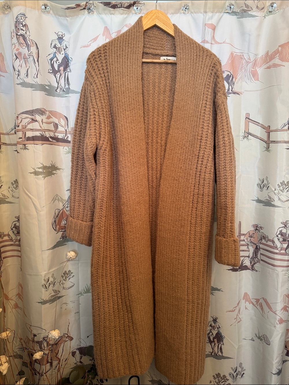 Long Open-Front Women's Cardigan Sweater in Camel